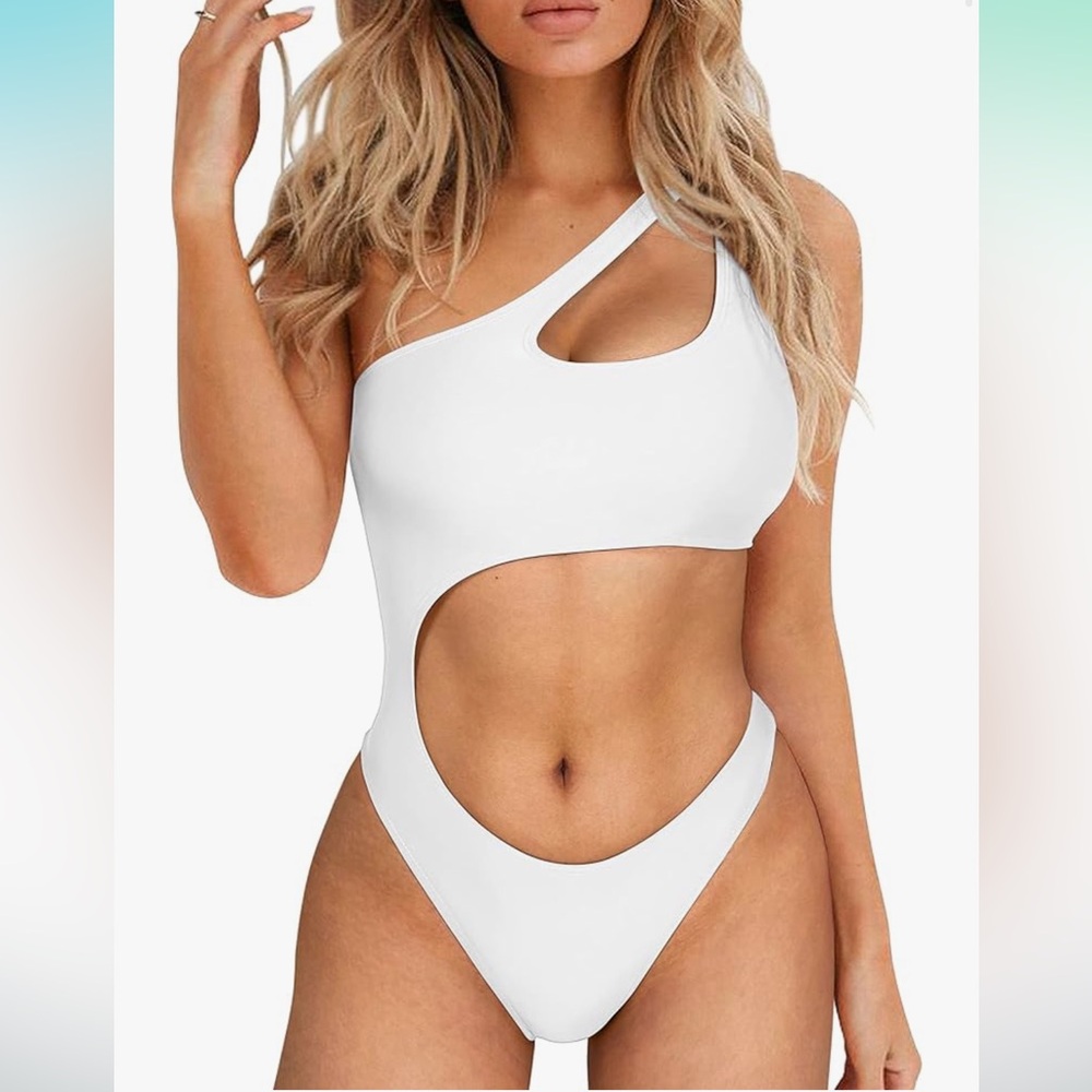One Shoulder White One Piece Cut Out Swimsuit